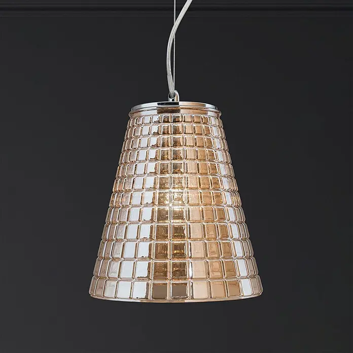 Orion Leuchten Pendelleuchte rund - E27 - Pendelleuchte mit bernsteinfarbenem Glasschirm, quadratischem Strukturmuster und Chromakzent.