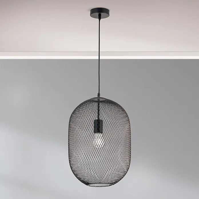Orion Leuchten Pendelleuchte - L x B x H: 30 x 30 x 42 cm, E27 - Schwarze Hängelampe aus Metallgeflecht mit länglichem Käfigschirm und sichtbarer Glühbirne.