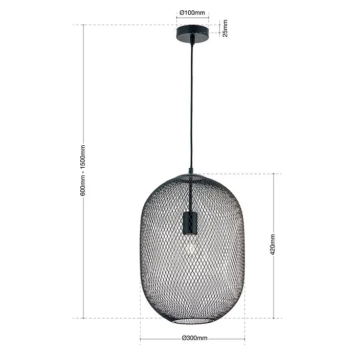 Orion Leuchten Pendelleuchte - L x B x H: 30 x 30 x 42 cm, E27 - Schwarze Hängeleuchte aus Metallgeflecht in länglichem Käfigdesign mit verstellbarer Aufhängung.