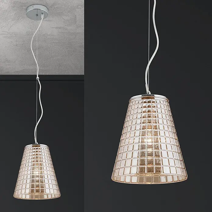 Orion Leuchten Pendelleuchte rund - E27 - Konische Pendelleuchte mit strukturierter, bernsteinfarbener Glasschirm und Chromdetails, hängt an weißem Kabel.