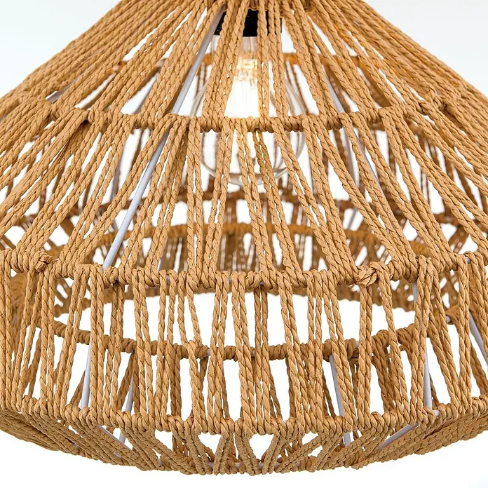 Orion Leuchten Pendelleuchte - L x B x H: 40 x 40 x 26 cm, E27 - Nahaufnahme einer Pendelleuchte mit naturfarbenem, geflochtenem Seil-Lampenschirm um einen weißen Metallrahmen, mit sichtbarer Glühbirne.