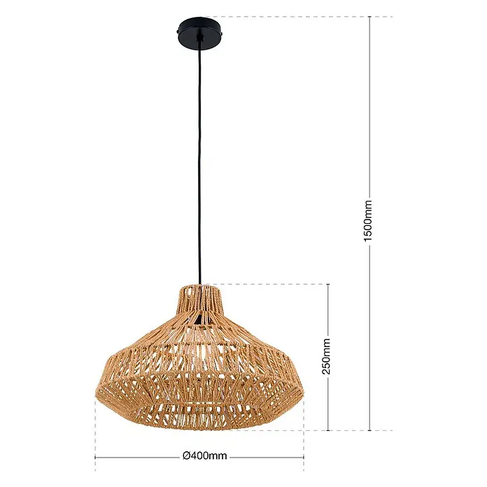 Orion Leuchten Pendelleuchte - L x B x H: 40 x 40 x 26 cm, E27 - Pendelleuchte mit breitem, naturfasergeflochtenem Lampenschirm in hellem Braun, im Bohème-Stil.