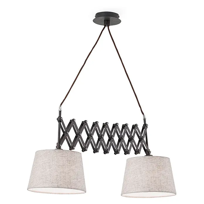 Orion Leuchten Pendelleuchte - L x B x H: 100 x 18 x 45 cm, E27 - Verstellbare Deckenleuchte mit zwei hellbeigen Stoffschirmen und einem dunklen Metall-Scherenarm, an braunen Textilkabeln hängend.
