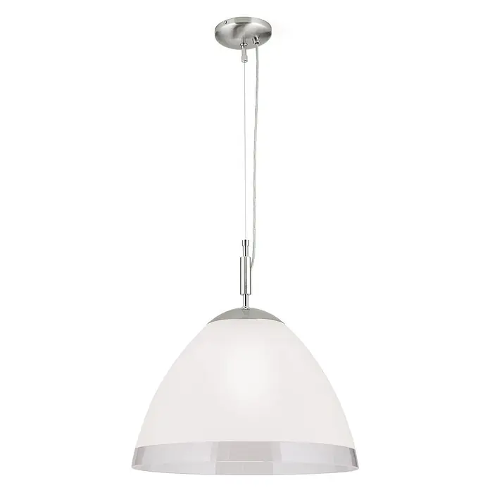 Orion Leuchten Pendelleuchte rund - E27 - Pendelleuchte mit gebürsteter Metall-Deckenrosette und opalem Glas-Kuppelschirm mit klarem Band.