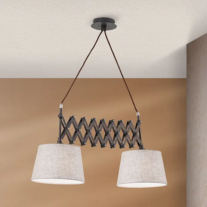 Orion Leuchten Pendelleuchte - L x B x H: 100 x 18 x 45 cm, E27 - Deckenlampe mit zwei hellen Stoffschirmen, von der Decke hängend, mit dunklem, verstellbarem Metall-Scherenmechanismus.