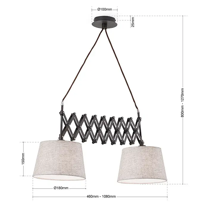 Orion Leuchten Pendelleuchte - L x B x H: 100 x 18 x 45 cm, E27 - Doppelte Pendelleuchte mit ausziehbarem Scherengelenk aus dunklem Metall und zwei hellen Stoffschirmen.