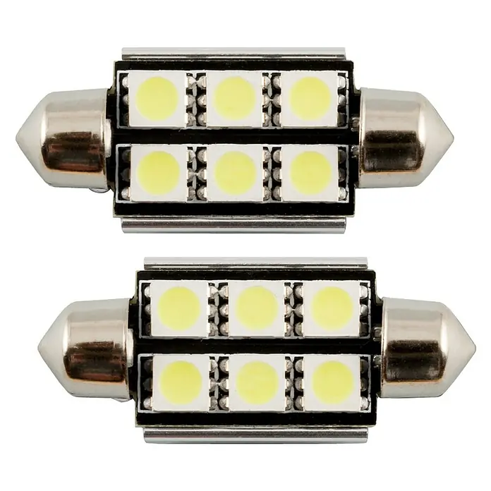 Juego de bombillas de repuesto para vehículo - LED - Primer plano de dos luces LED interiores para coche, cada una con 6 LED, diseñadas para proporcionar una iluminación brillante y eficiente.