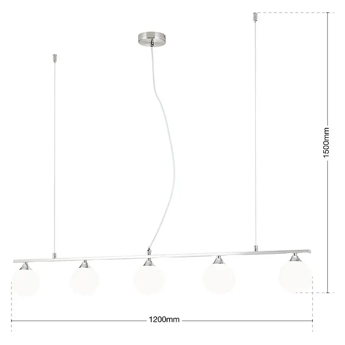 Orion Leuchten Pendelleuchte - L x B x H: 120 x 12 x 150 cm, G9 - Lineare Pendelleuchte mit fünf weißen Glaskugeln und gebürsteter Silberstange, 1200mm lang, 1500mm max. Höhe.