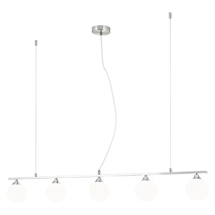 Orion Leuchten Pendelleuchte - L x B x H: 120 x 12 x 150 cm, G9 - Lineare Pendelleuchte mit fünf weißen Kugel-Diffusoren, an Kabeln von einer gebürsteten Metallstange abgehängt.