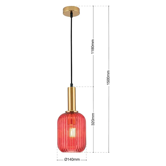 Orion Leuchten Pendelleuchte rund - E27 - Rote Hängeleuchte aus geripptem Glas mit goldfarbenen Details und schwarzem Kabel.