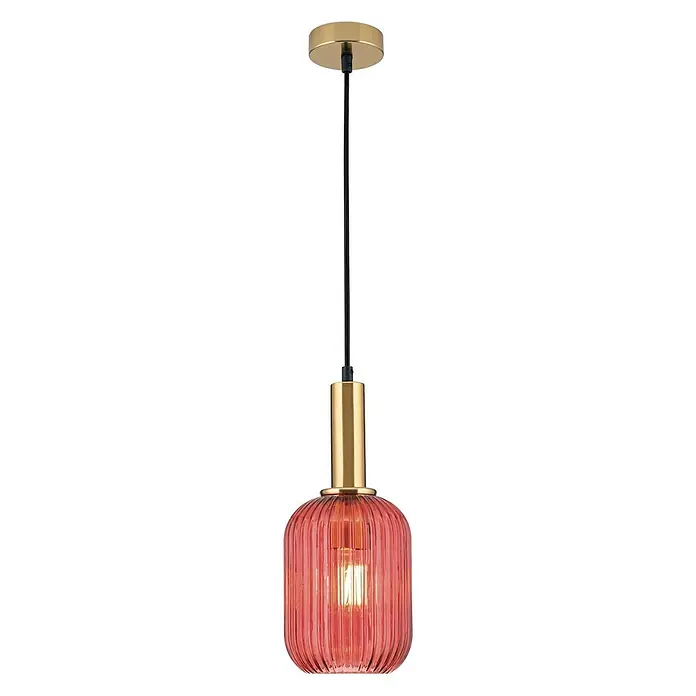 Orion Leuchten Pendelleuchte rund - E27 - Hängelampe mit goldenen Akzenten, schwarzem Kabel und geripptem korallenfarbenem Glasschirm mit beleuchteter Glühbirne.