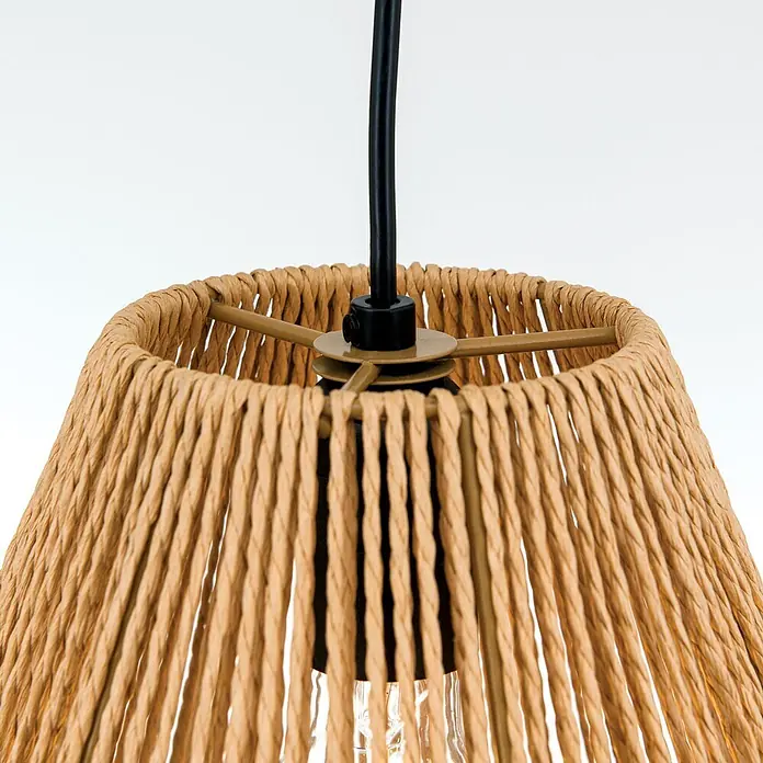 Orion Leuchten Pendelleuchte - L x B x H: 31 x 31 x 30 cm, E27 - Heller, geflochtener Pendelleuchten-Schirm aus Naturfasern mit offener Oberseite und schwarzem Kabel.