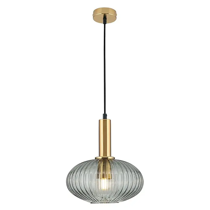 Orion Leuchten Pendelleuchte rund - E27 - Pendelleuchte aus Messing mit schwarzem Kabel und geripptem rauchgrauem Glasschirm, leuchtet.