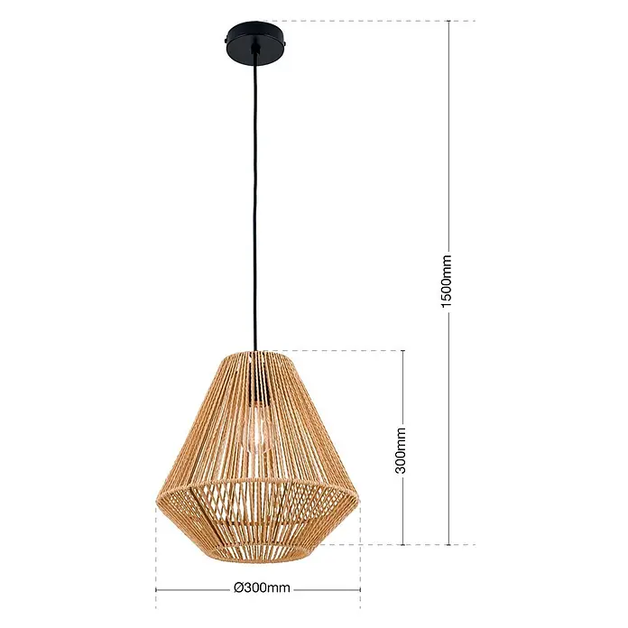 Orion Leuchten Pendelleuchte - L x B x H: 31 x 31 x 30 cm, E27 - Natur-Jute-Pendelleuchte mit schwarzem Kabel. Schirm 300mm hoch und 300mm Durchmesser.