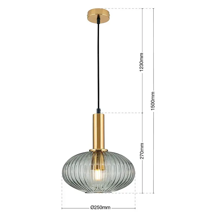 Orion Leuchten Pendelleuchte rund - E27 - Moderne goldene Pendelleuchte mit geripptem grauem Glasschirm.