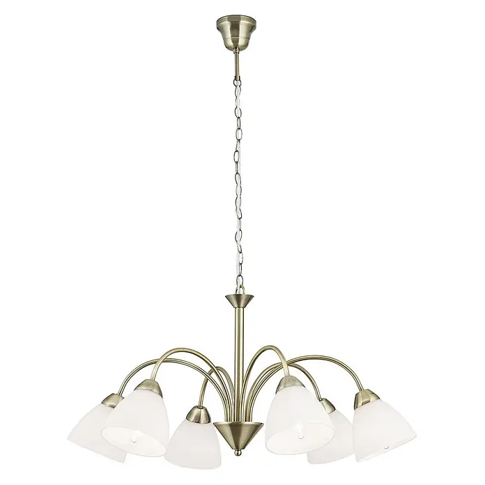 Orion Leuchten Pendelleuchte - L x B x H: 60 x 60 x 40 cm, E14 - Messingfarbener Kronleuchter mit sechs gebogenen Armen und mattierten Glasschirmen.