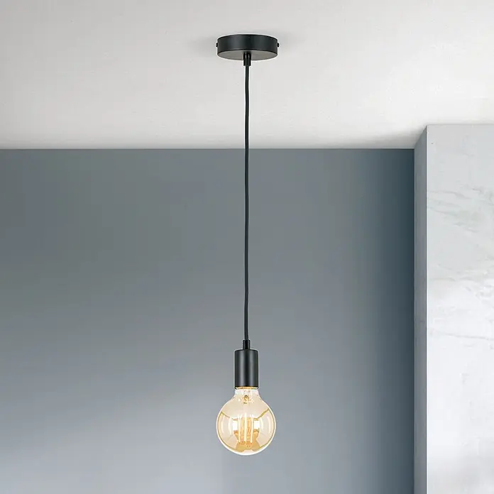 Orion Leuchten Pendelleuchte - L x B x H: 10 x 10 x 2,5 cm, E27 - Schwarze Pendelleuchte mit sichtbarer warmer Glühbirne.