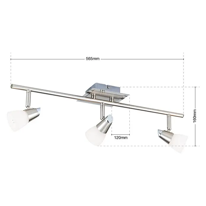 Orion Leuchten Deckenstrahler - L x B x H: 56,5 x 12 x 16 cm, G9 - Gebürstete Metall-Dreifach-Spotschiene mit weißen Milchglasschirmen.