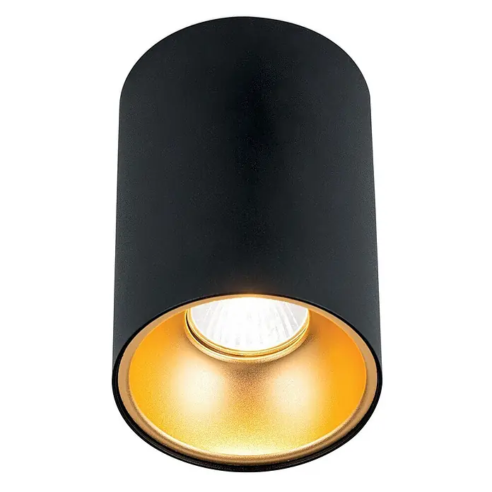 Orion Leuchten Deckenstrahler - L x B x H: 9,6 x 9,6 x 14 cm, GU10 - Schwarzer zylindrischer Strahler mit goldenem Interieur und sichtbarer Lichtquelle.