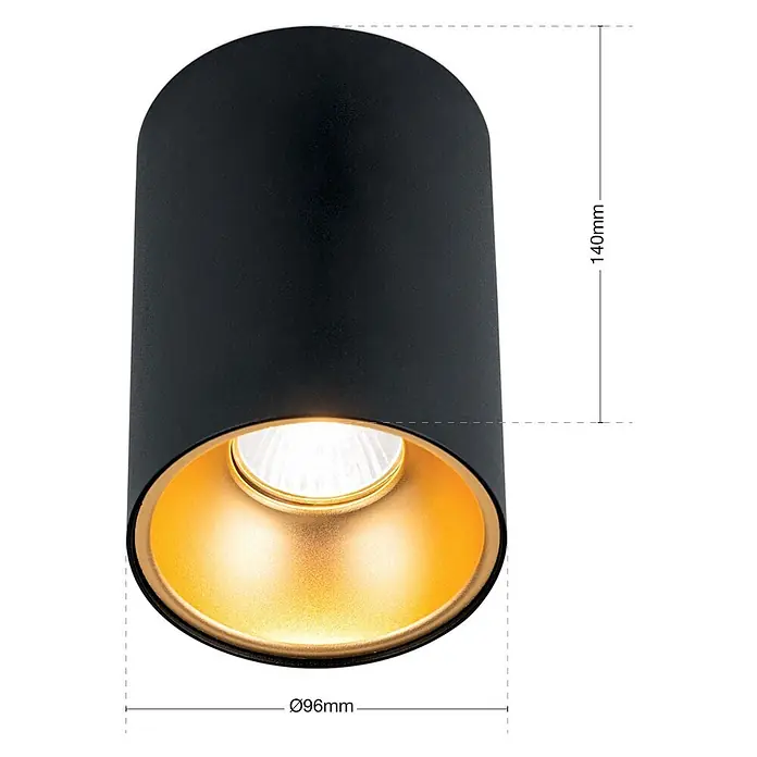 Orion Leuchten Deckenstrahler - L x B x H: 9,6 x 9,6 x 14 cm, GU10 - Schwarzer zylindrischer LED-Strahler mit goldenem Innenreflektor, 140 mm hoch und Ø96 mm.