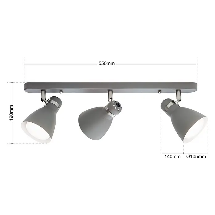 Orion Leuchten Deckenstrahler - L x B x H: 15 x 55 x 14 cm, E27 - Graue Metall-Deckenstrahlerleiste mit drei verstellbaren, konischen Strahlern.