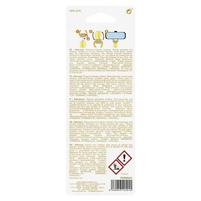 Ambientador de coche para colgar - Naranja, 8 sem. - Embalaje blanco para un ambientador de coche dorado, mostrando pasos de instalación, símbolos de peligro y advertencias multilingües.
