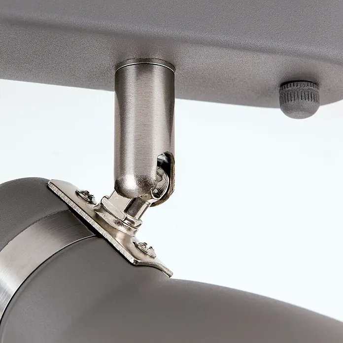 Orion Leuchten Deckenstrahler - L x B x H: 15 x 55 x 14 cm, E27 - Graue Stromschienenverbindung mit verstellbarem Arm aus gebürstetem Nickel an passender grauer Leuchte.