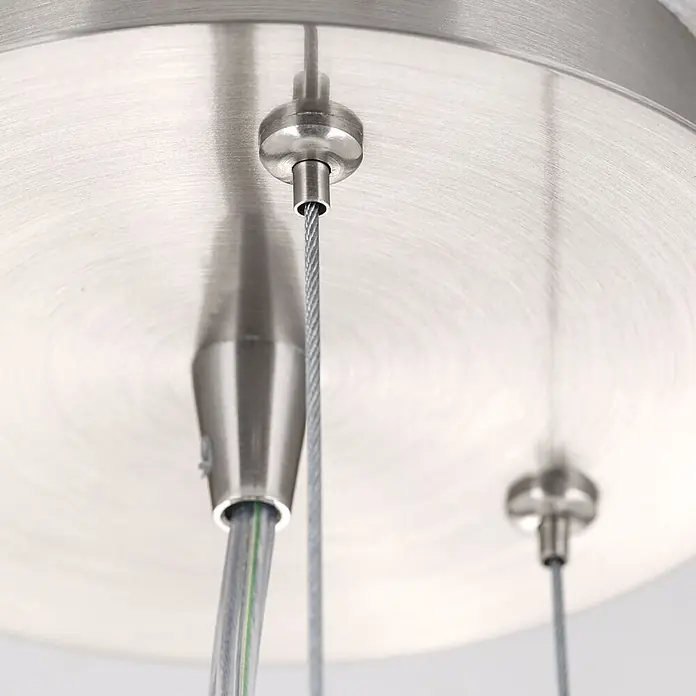 Orion Leuchten Pendelleuchte rund - E27 - Deckenbaldachin aus gebürstetem Metall mit hängenden Kabeln, ein dünnes Metall- und ein transparentes Elektrokabel.