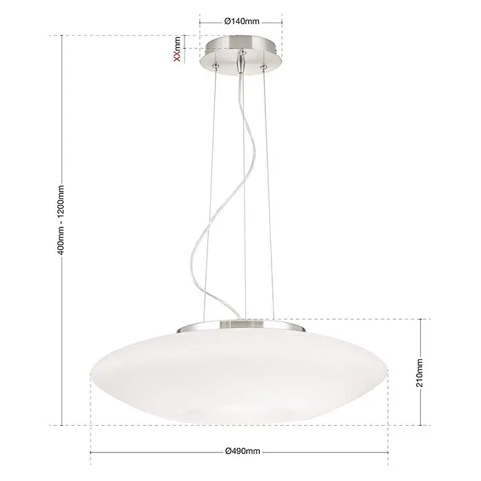 Orion Leuchten Pendelleuchte rund - E27 - Verstellbare Pendelleuchte mit weißem satiniertem Glasschirm (Ø490mm) und Deckenbaldachin aus gebürstetem Metall.
