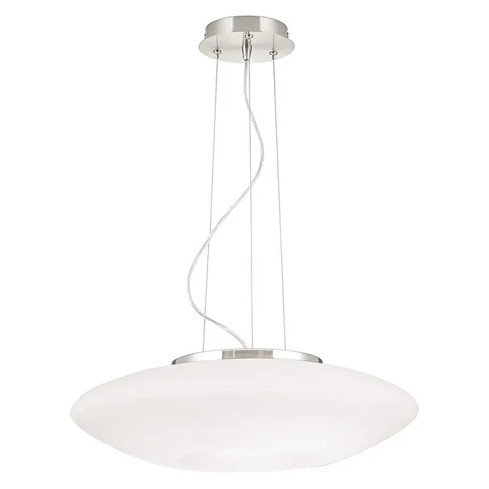 Orion Leuchten Pendelleuchte rund - E27 - Moderne Pendelleuchte mit breitem, mattweißem Glasschirm und gebürsteter Metallhaube, an dünnen Drähten aufgehängt.