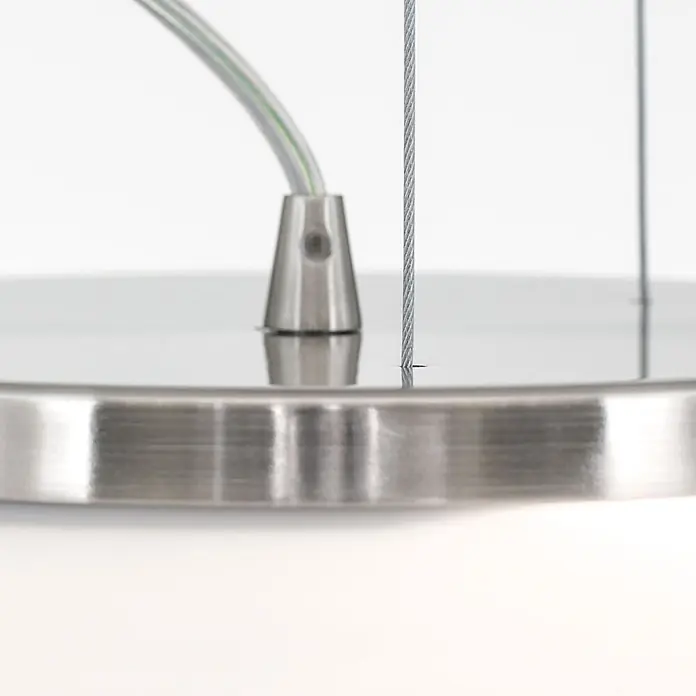 Orion Leuchten Pendelleuchte rund - E27 - Modernes Aufhängungssystem aus gebürstetem Metall mit konischer Kabelklemme für Elektrokabel und zwei Stahlseile.