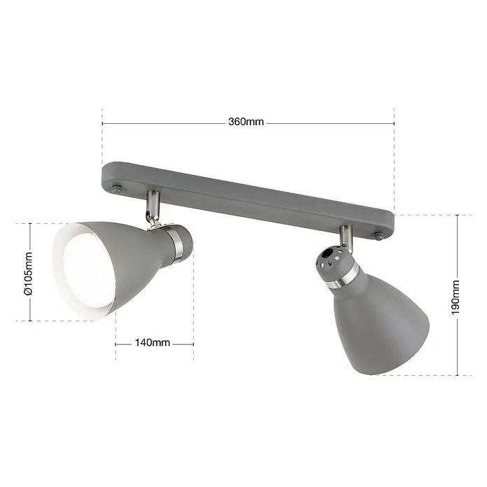 Orion Leuchten Deckenstrahler - L x B x H: 15 x 36 x 14 cm, E27 - Graue Metall-Deckenleiste mit zwei verstellbaren Spots. Maße angezeigt.