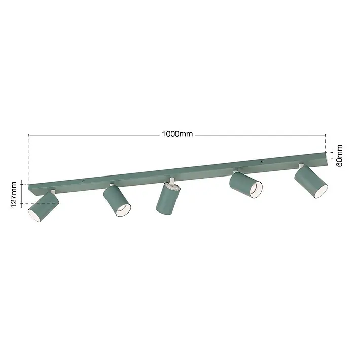 Orion Leuchten Deckenstrahler - L x B x H: 100 x 6 x 12,7 cm, GU10 - Grüne rechteckige Metallschiene mit fünf verstellbaren zylindrischen Strahlern, 1000x127x60mm.