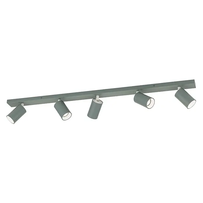 Orion Leuchten Deckenstrahler - L x B x H: 100 x 6 x 12,7 cm, GU10 - Fünfflammiger Deckenstrahler in mattem Grün mit verstellbaren zylindrischen Köpfen an einer rechteckigen Leiste.