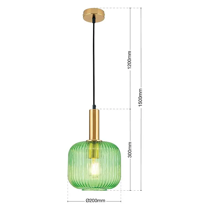 Orion Leuchten Pendelleuchte rund - E27 - Grüne gerippte Glas-Pendelleuchte mit goldfarbenen Metallakzenten und schwarzem Kabel.