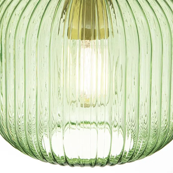Orion Leuchten Pendelleuchte rund - E27 - Grüner gerippter Glasschirm mit sichtbarer leuchtender Glühbirne.