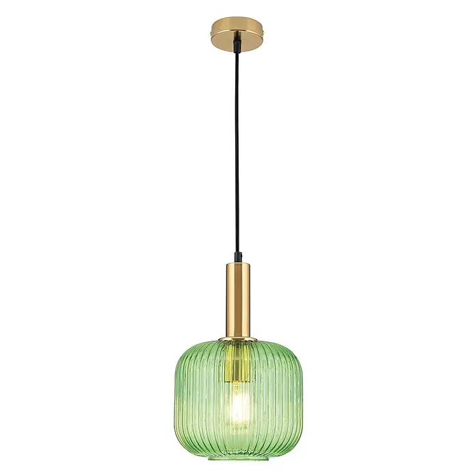 Orion Leuchten Pendelleuchte rund - E27 - Grüne Pendelleuchte aus geriffeltem Glas mit Messingakzenten und schwarzem Kabel.