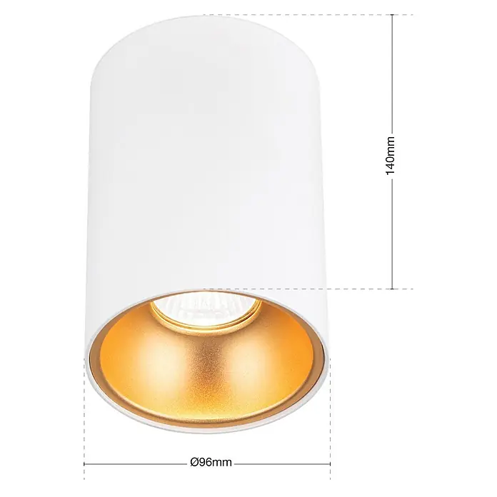 Orion Leuchten Deckenstrahler - L x B x H: 9,6 x 9,6 x 14 cm, GU10 - Weißer zylindrischer Downlight mit goldenem Reflektor, Lichtquelle sichtbar.