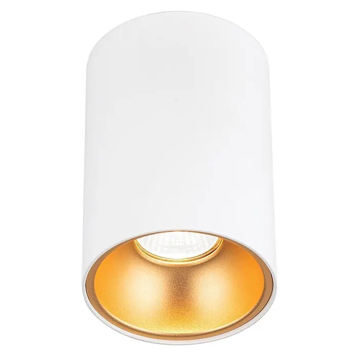 Orion Leuchten Deckenstrahler - L x B x H: 9,6 x 9,6 x 14 cm, GU10 - Weißer zylindrischer Deckenstrahler mit goldener Reflektorfläche und sichtbarer Glühbirne.