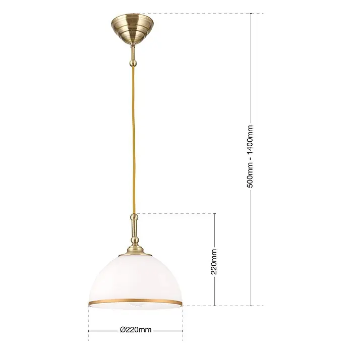 Orion Leuchten Pendelleuchte rund - E27 - Verstellbare Messing Pendelleuchte mit weißem Glaskuppelschirm, Goldakzent und gelbem Textilkabel.