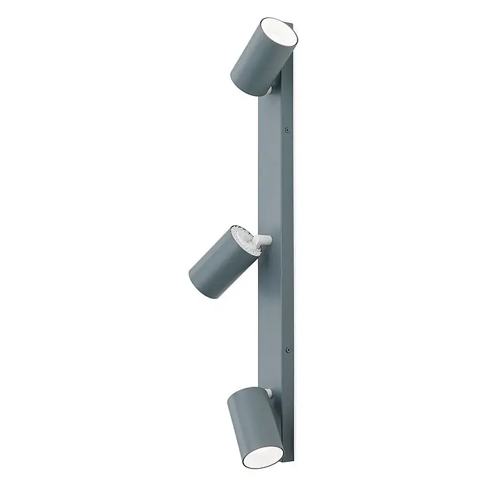 Orion Leuchten Deckenstrahler - L x B x H: 60 x 6 x 2 cm, GU10 - Dreiflammiger Wandstrahler aus taubenblauem Metall, mit verstellbaren zylindrischen Köpfen und weißen Innenreflektoren, auf vertikaler rechteckiger Basis.