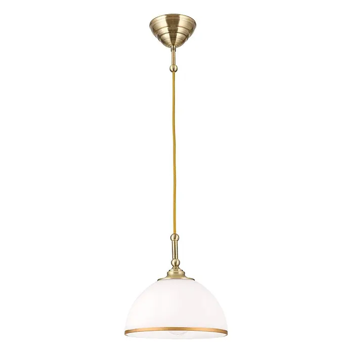 Orion Leuchten Pendelleuchte rund - E27 - Antike Messing-Pendelleuchte mit gelbem Stoffkabel und weißem, kuppelförmigem Glasschirm mit Messingrand.