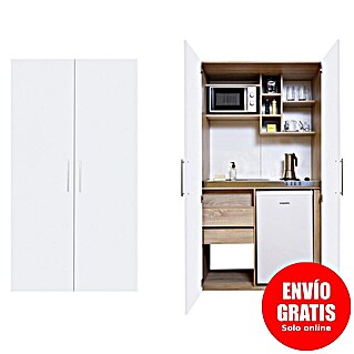Respekta Cocina en armario Peter (Ancho: 104 cm, Blanco y roble, Frigorífico, vitrocerámica y microondas)