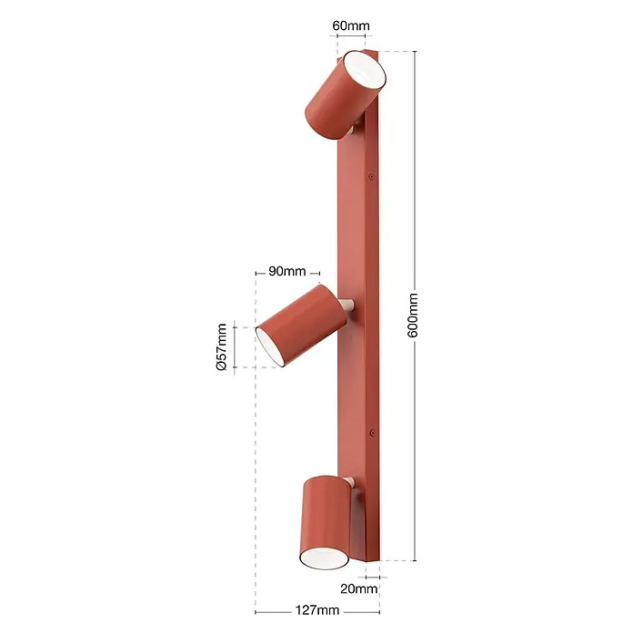 Orion Leuchten Deckenstrahler - L x B x H: 60 x 6 x 2 cm, GU10 - Rote Wandleuchte mit drei verstellbaren, zylindrischen Strahlern auf einer rechteckigen Basis, inklusive Maßen.