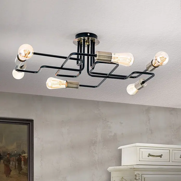 Orion Leuchten Deckenleuchte - L x B x H: 58 x 51 x 19 cm, E27 - Schwarze industrielle Deckenleuchte mit antikem Messing/Nickel-Fassungen und sichtbaren Edison-Glühbirnen, an der Decke montiert.