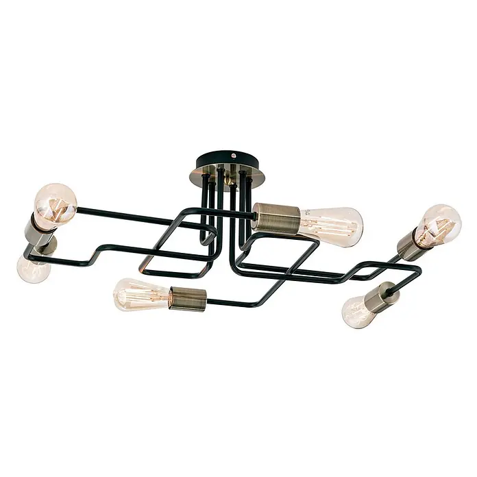 Orion Leuchten Deckenleuchte - L x B x H: 58 x 51 x 19 cm, E27 - Schwarze Deckenleuchte im Industriestil mit antiken Messingfassungen und sichtbaren Edison-Glühbirnen.