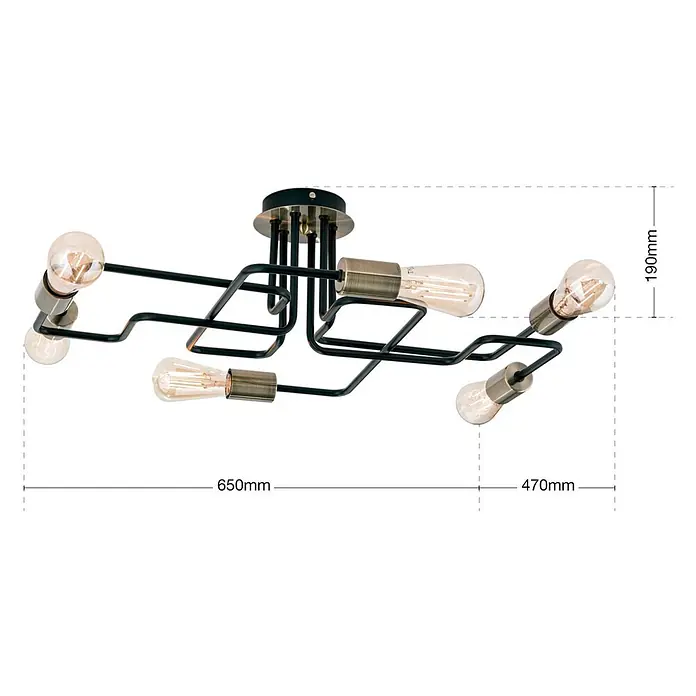Orion Leuchten Deckenleuchte - L x B x H: 58 x 51 x 19 cm, E27 - Deckenleuchte im Industriestil in Schwarz und Bronze mit freiliegendem geometrischem Metallrahmen und mehreren Edison-Glühbirnen.