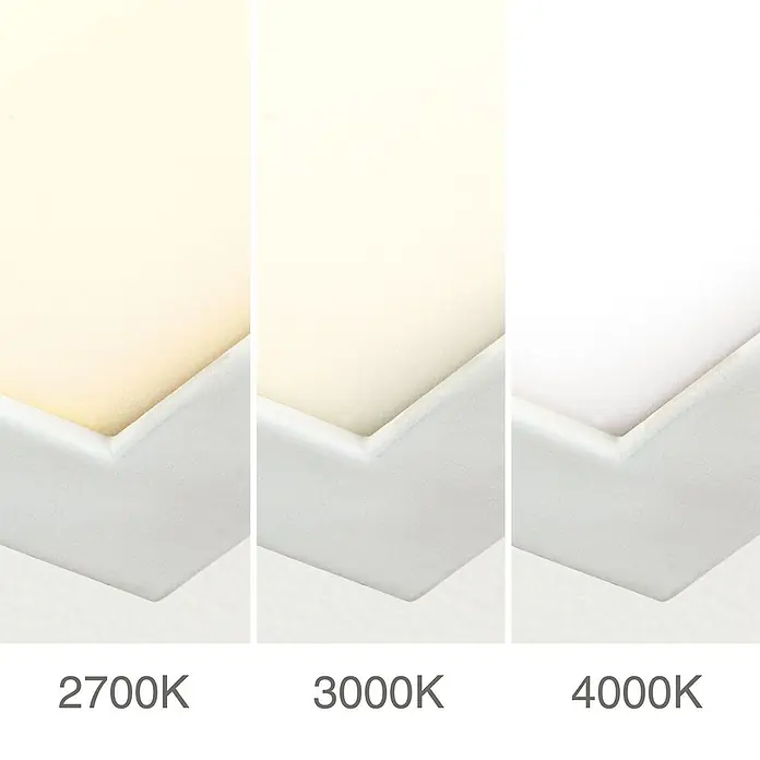 Orion Leuchten Deckenleuchte - L x B x H: 115 x 30 x 2,9 cm - Vergleich der Lichtfarbtemperaturen: 2700K warmweiß, 3000K neutralweiß, 4000K kaltweiß, auf einer weißen Ecke.