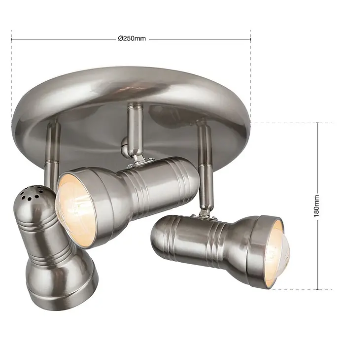 Orion Leuchten Deckenstrahler - L x B x H: 25 x 25 x 23 cm, E27 - Runde Deckenleuchte aus gebürstetem Metall mit drei verstellbaren Strahlern.
