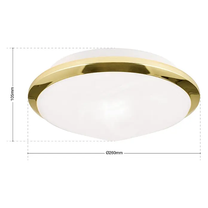 Orion Leuchten Deckenleuchte - L x B x H: 26 x 26 x 10,5 cm, E27 - Runde Deckenleuchte mit weißem Diffusor und goldener Zierleiste, 260mm Durchmesser, 105mm Höhe.